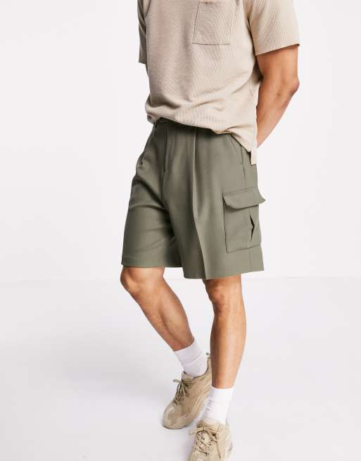 ASOS DESIGN wide leg cargo shorts in green crepe