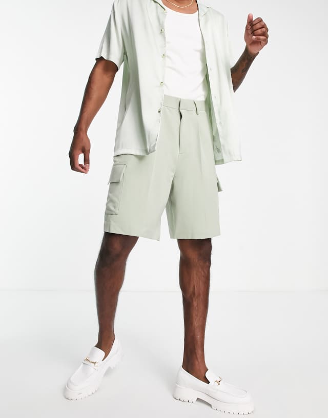 ASOS DESIGN wide leg cargo smart shorts in dusky green