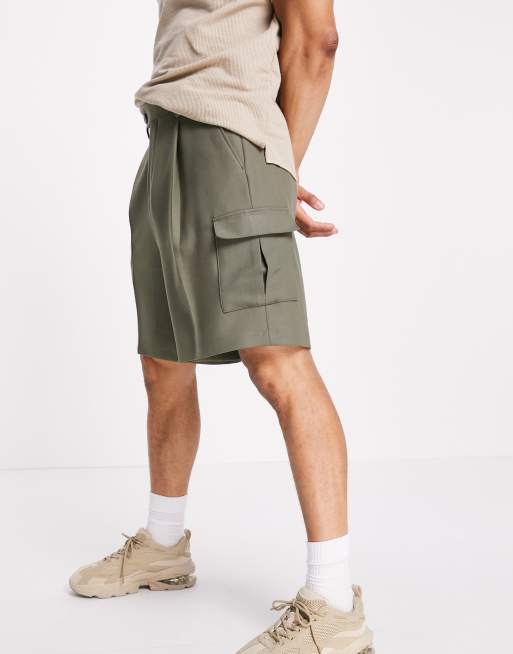 ASOS DESIGN wide leg cargo trackie shorts in green crepe, 4 of 4