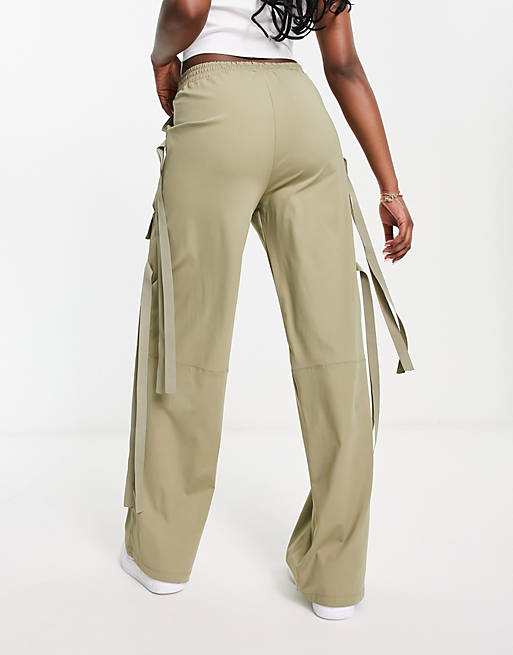ASOS DESIGN wide leg cargo trouser with strapping detail in khaki