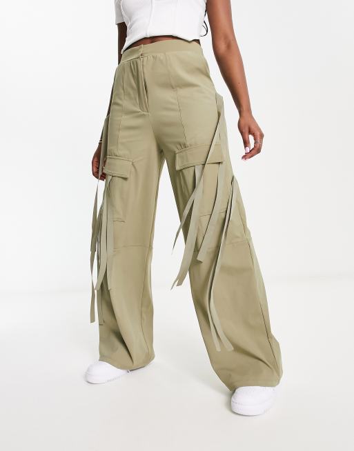 ASOS DESIGN wide leg cargo trouser with strapping detail in khaki, 4 of 4