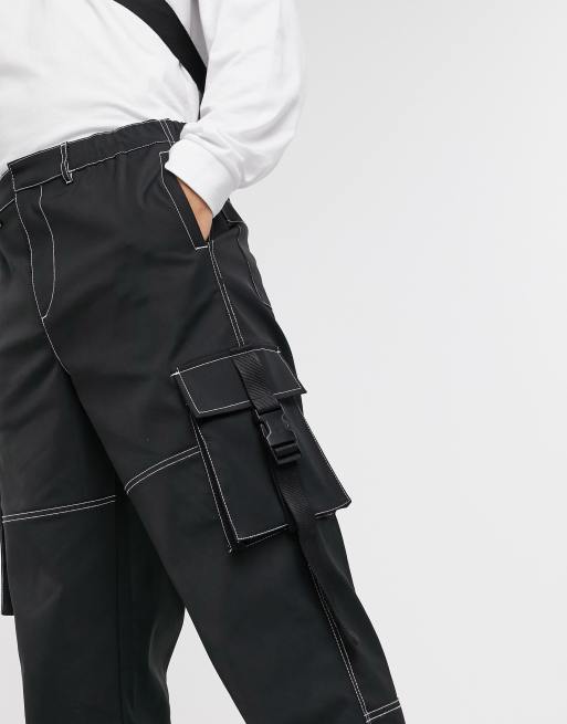 ASOS DESIGN ultra flare cargo pants in black with contrast stitch