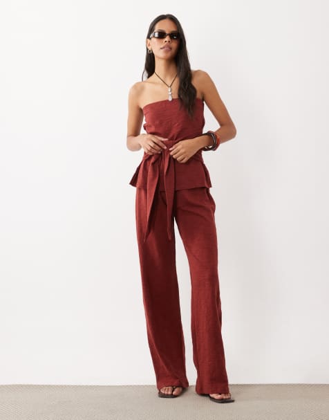 ASOS DESIGN wide leg co-ord trouser in burgundy - view 1