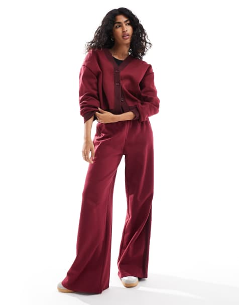 ASOS DESIGN wide leg contrast panel sweatpants in burgundy - view 1