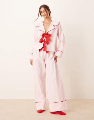 Asos Design Wide Leg Contrast Piping Loungewear Pants In Pink - Part Of A Set