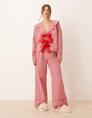 Asos Design Wide Leg Contrast Piping Loungewear Pants In Red Gingham - Part Of A Set-multi