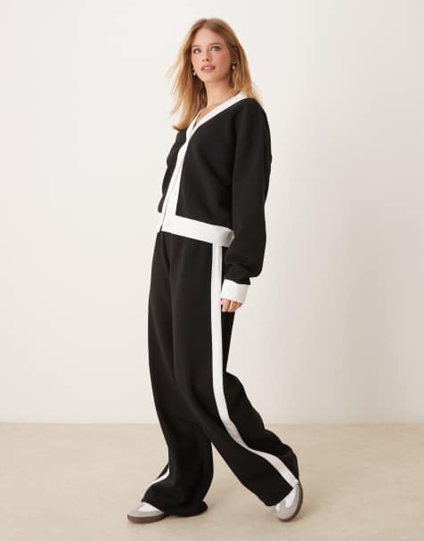 ASOS DESIGN wide leg contrast side panel sweatpants in black - part of a set - view 1