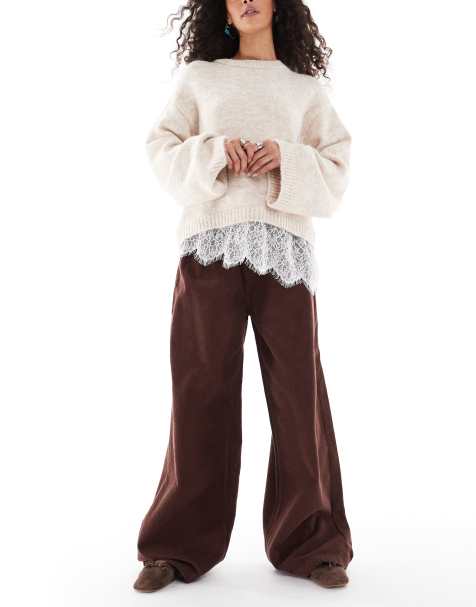 ASOS DESIGN wide leg corduroy trackies style pants in brown - view 1