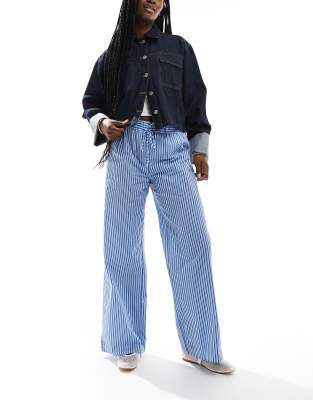 Asos Design Wide Leg Cotton Poplin Pants In Blue Stripe-multi
