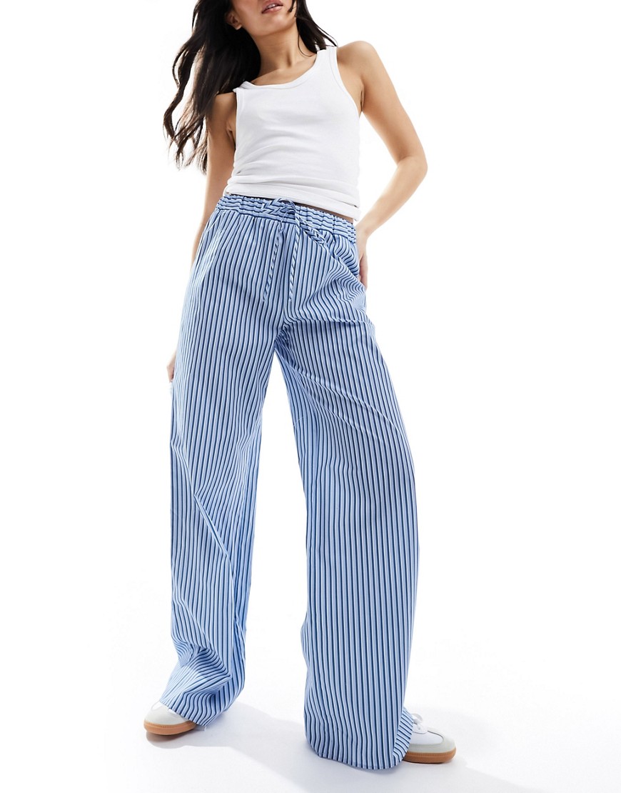 ASOS DESIGN wide leg cotton poplin trouser in blue stripe-Multi