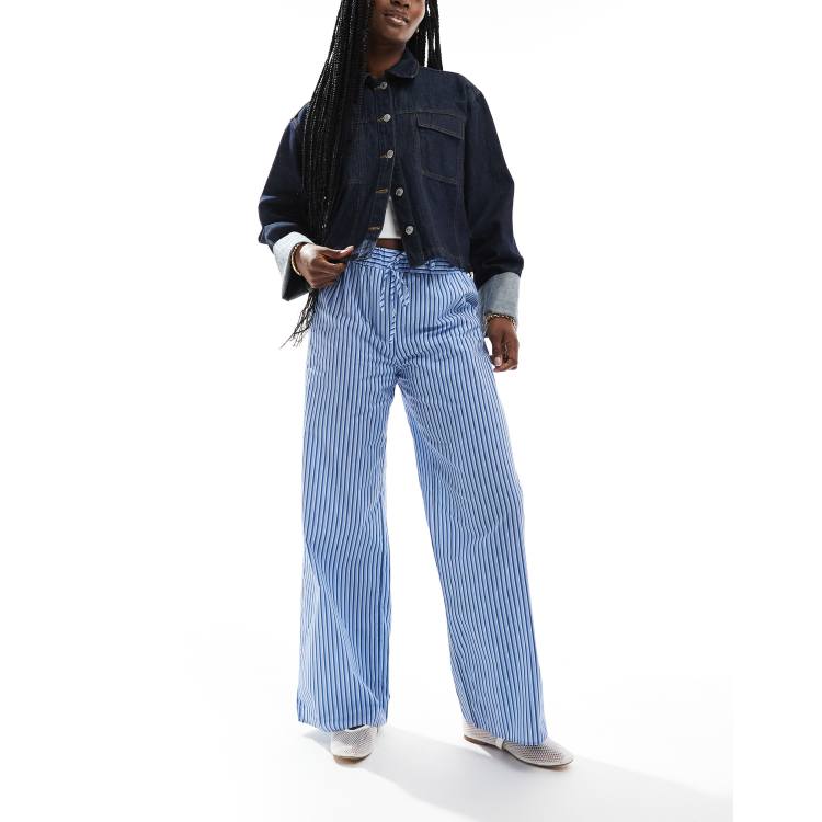 ASOS DESIGN wide leg cotton poplin trouser in blue stripe