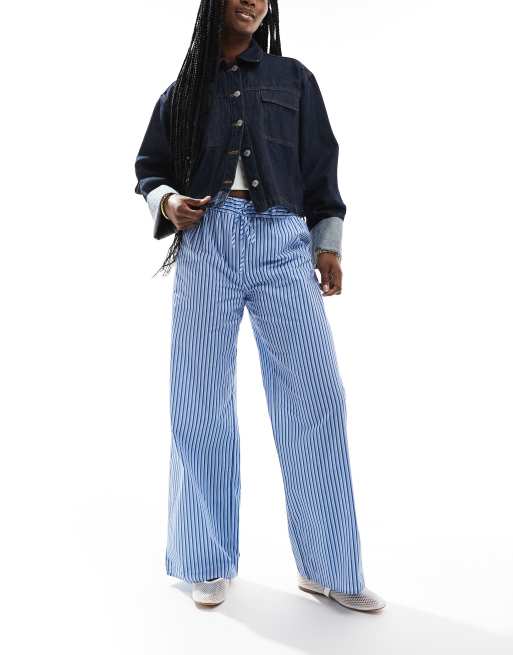 ASOS DESIGN wide leg cotton poplin trouser in blue stripe