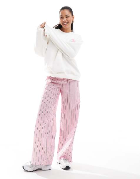 ASOS DESIGN wide leg cotton poplin trouser in pink stripe - view 1