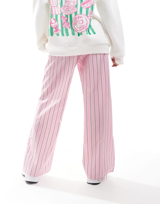 ASOS DESIGN wide leg cotton poplin trouser in pink stripe, 4 of 5
