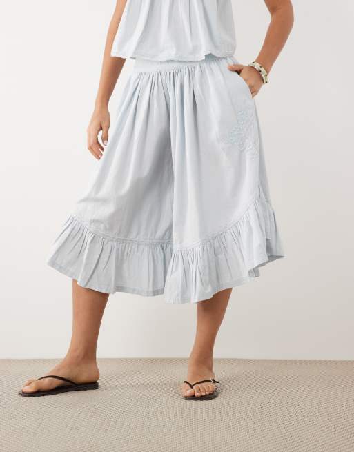 ASOS DESIGN wide leg cropped trousers with crochet trim in blue, 2 of 5