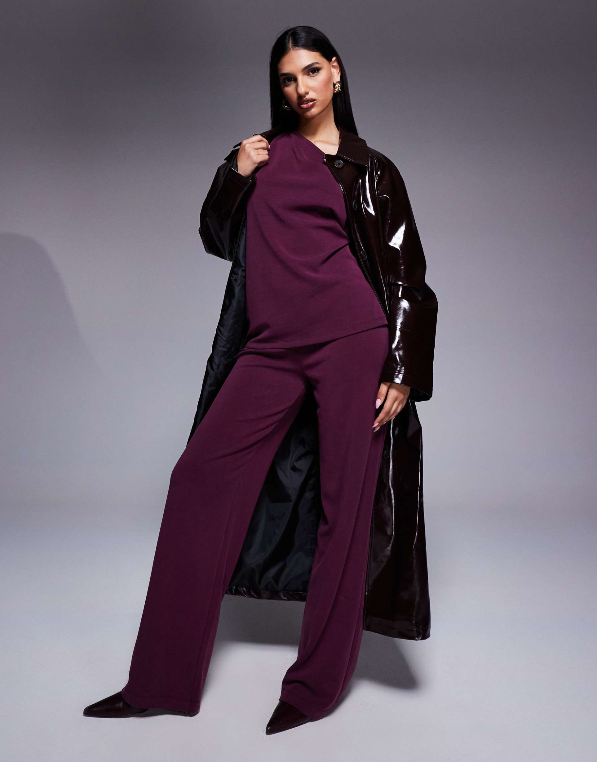 asos design wide leg cupro pants in grape - part of a set