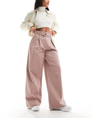 ASOS DESIGN wide leg D-ring tailored trousers in mink-Neutral