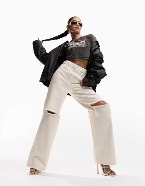 ASOS DESIGN wide leg dad jean in neutral with knee rips - view 1