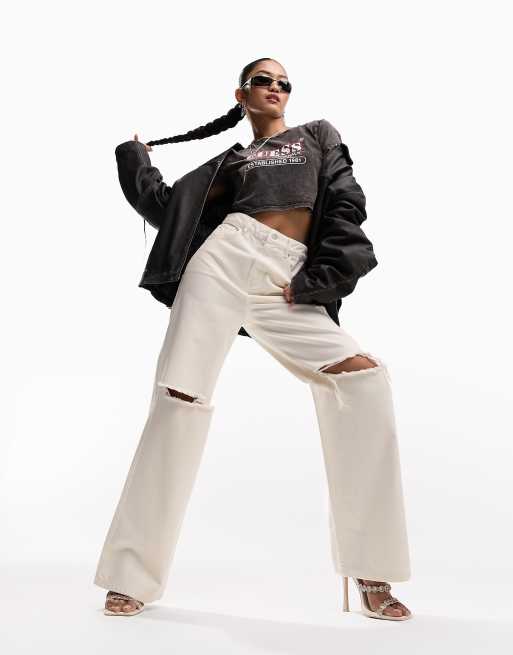 ASOS DESIGN wide leg dad jean in neutral with knee rips