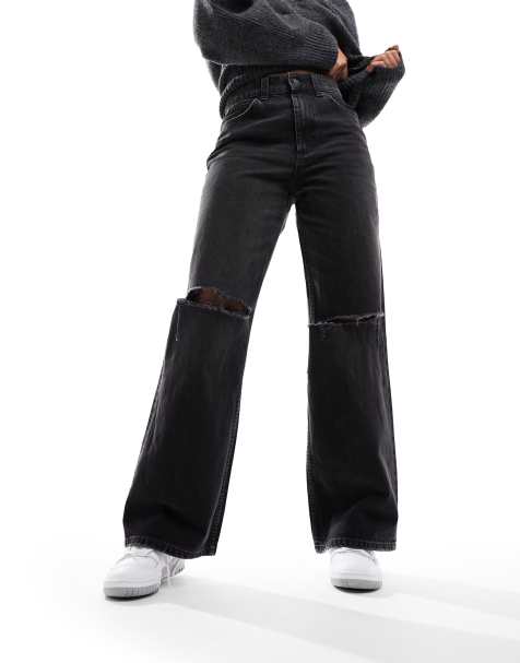 ASOS DESIGN wide leg dad jeans in black with rips - view 1