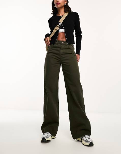 ASOS DESIGN wide leg dad jeans in khaki - view 1