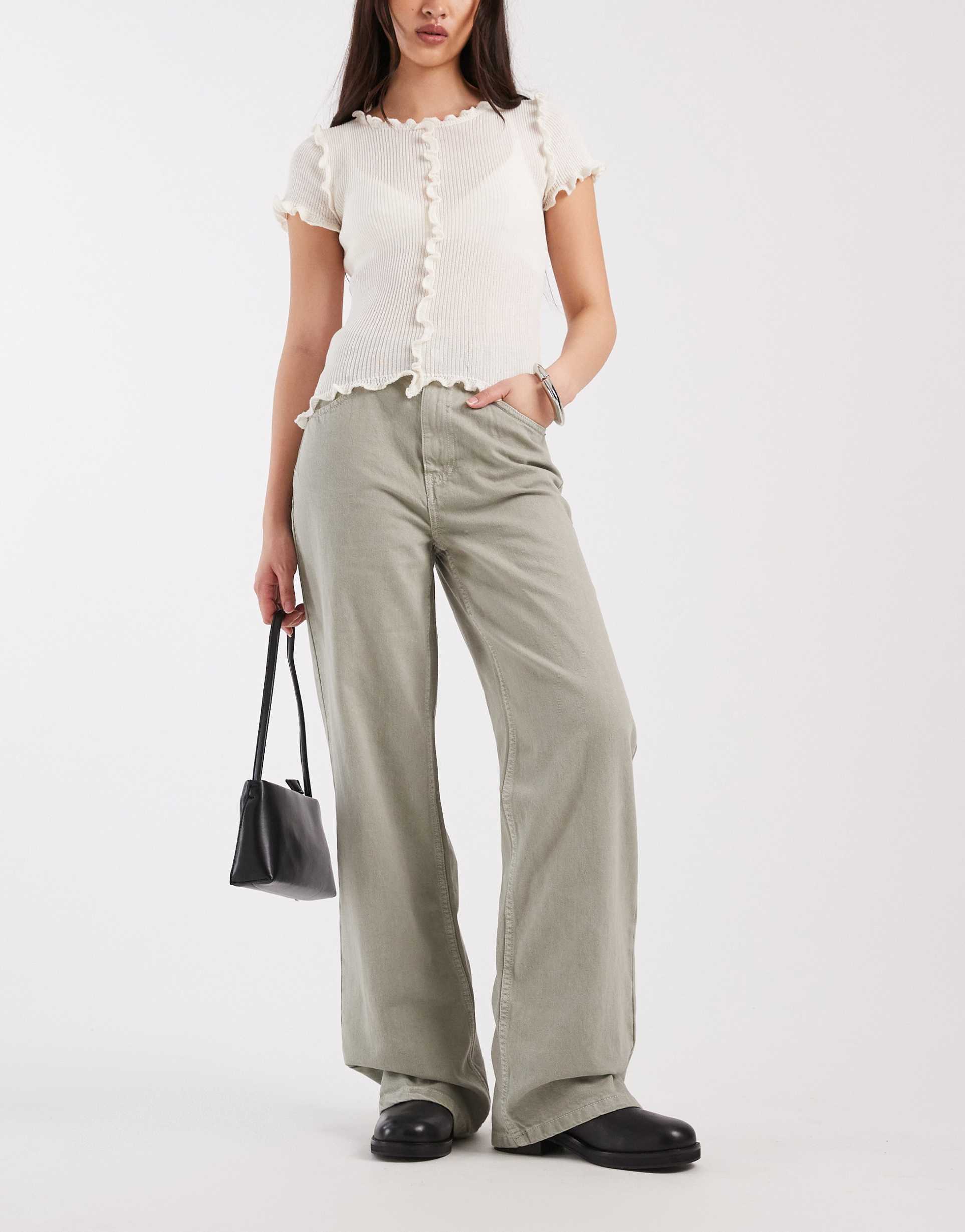 asos design wide leg dad jeans in khaki