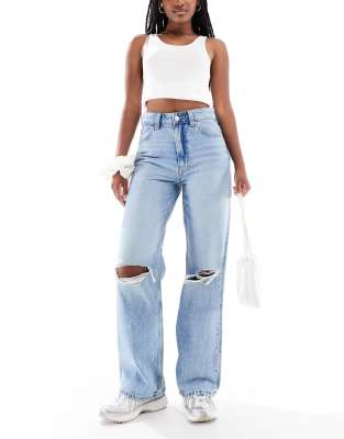 Asos Design Wide Leg Dad Jeans In Blue