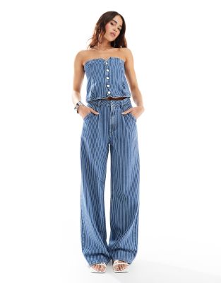 wide leg dad jeans in mid blue pinstripe - part of a set