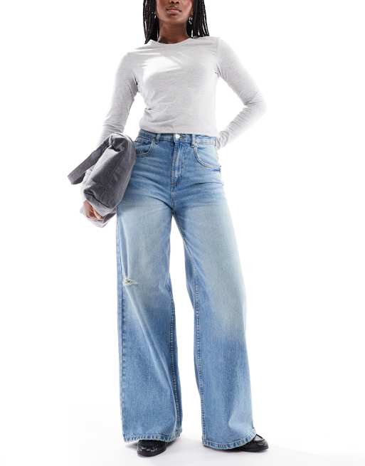 ASOS DESIGN wide leg dad jeans in mid blue
