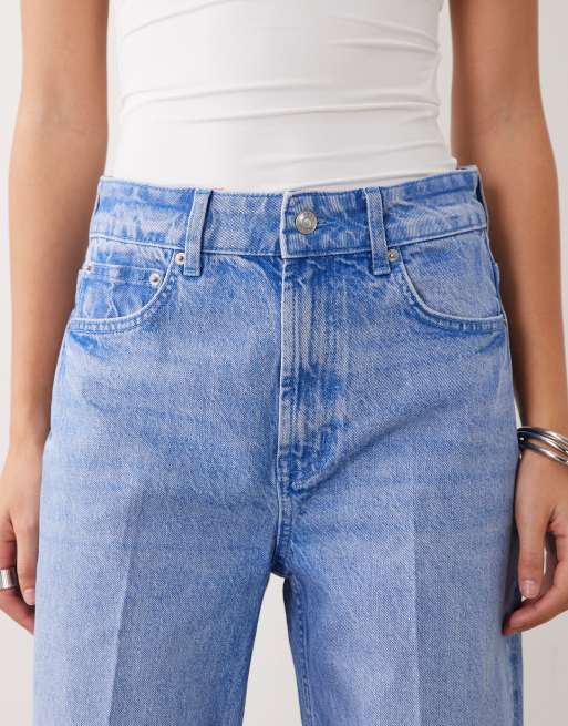 ASOS DESIGN wide leg dad jeans with crease detail in bright blue, 5 of 5