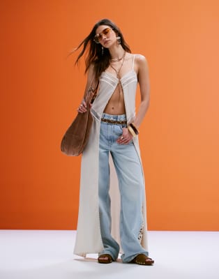Asos Design Wide Leg Dad Jeans With Crochet Side Panel In Multi