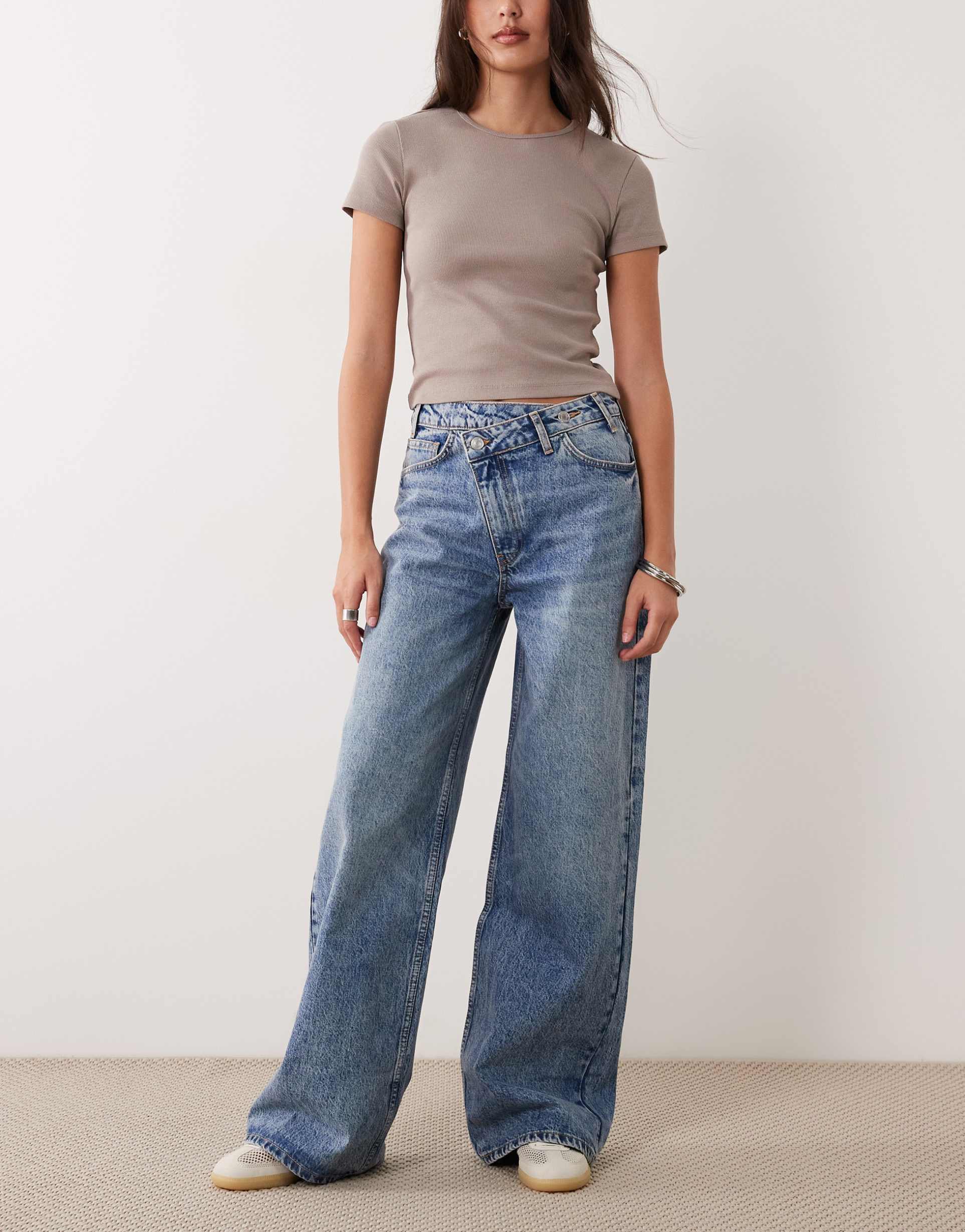 asos design wide leg dad jeans with crossover waist in mid wash
