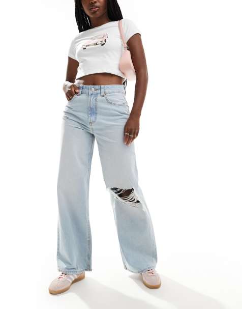 ASOS DESIGN wide leg dad jeans with knee rip in bleach - view 1