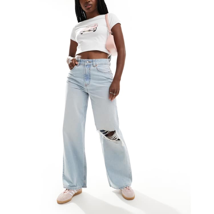 ASOS DESIGN wide leg dad jeans with knee rip in bleach | ASOS