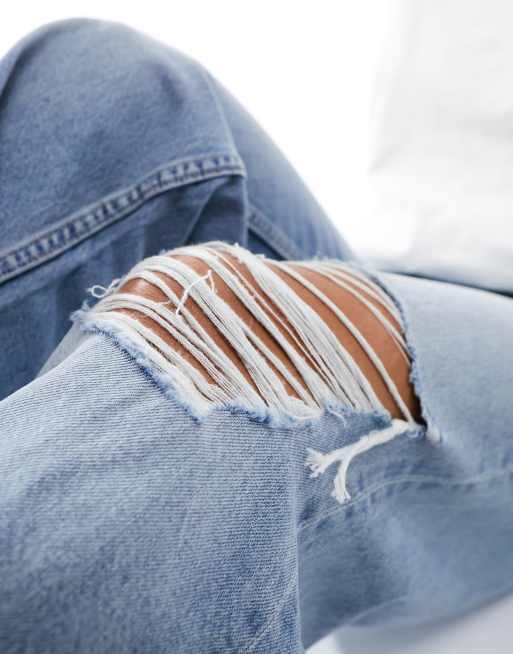 ASOS DESIGN wide leg dad jeans with rips in mid blue, 2 of 5
