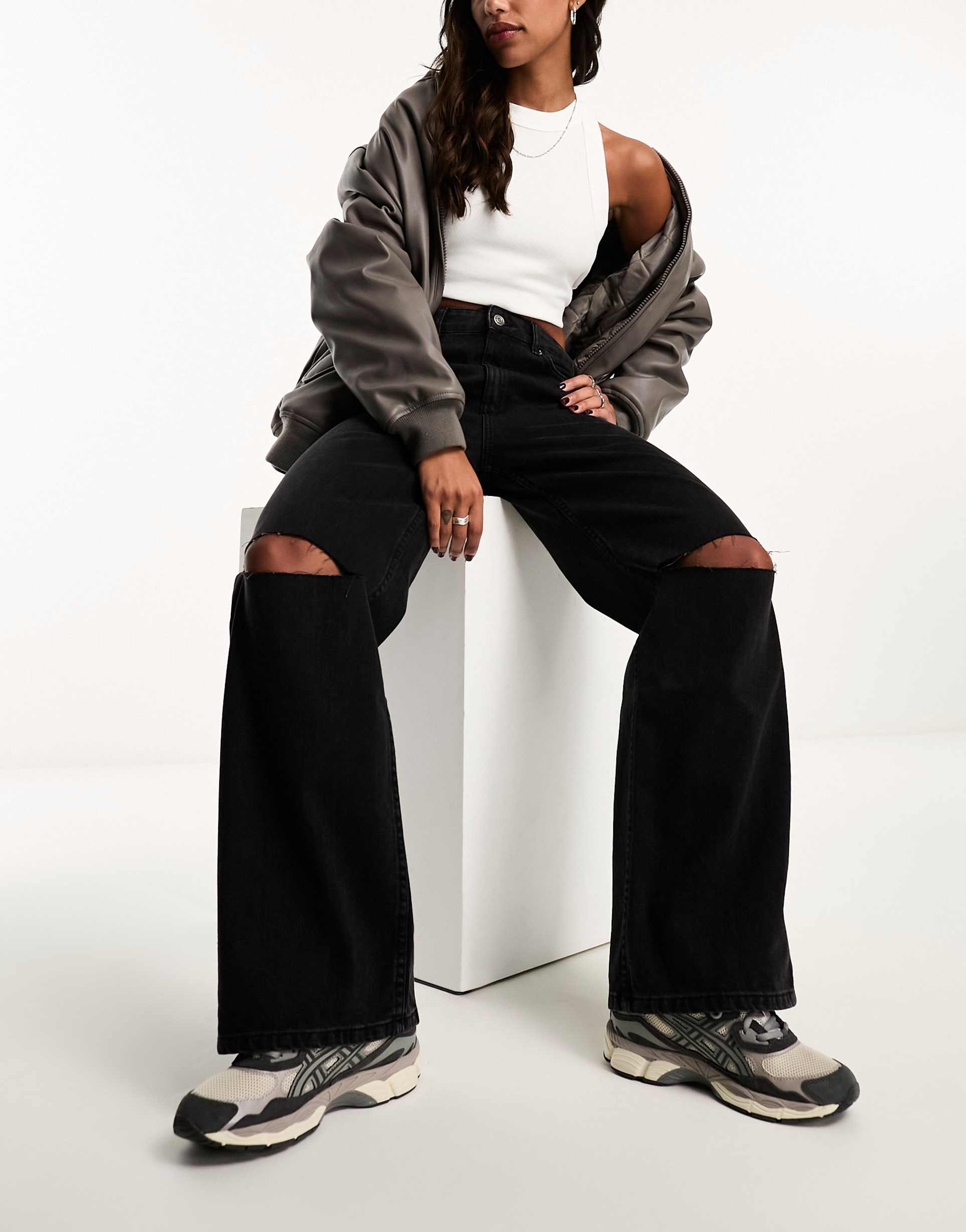 asos design wide leg dad jeans with rips in washed black