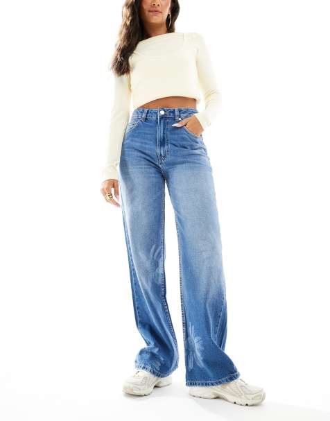 ASOS DESIGN wide leg dad jeans with sunflower print in mid blue
