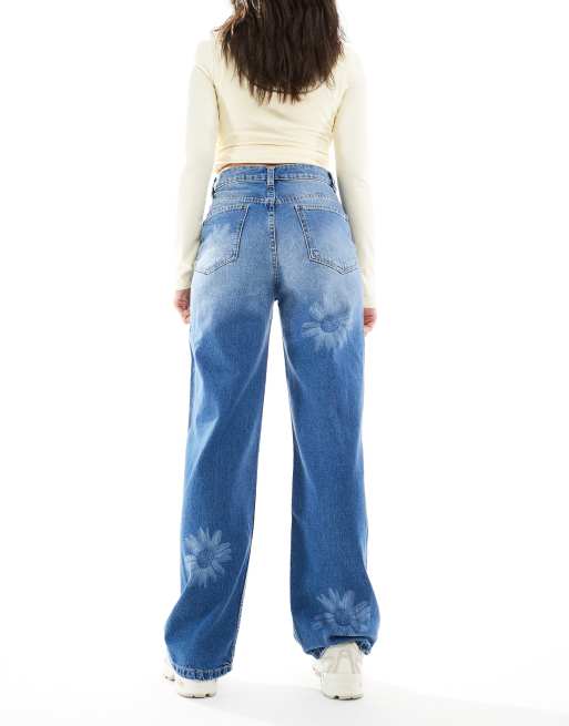 ASOS DESIGN wide leg dad jeans with sunflower print in mid blue, 2 of 5