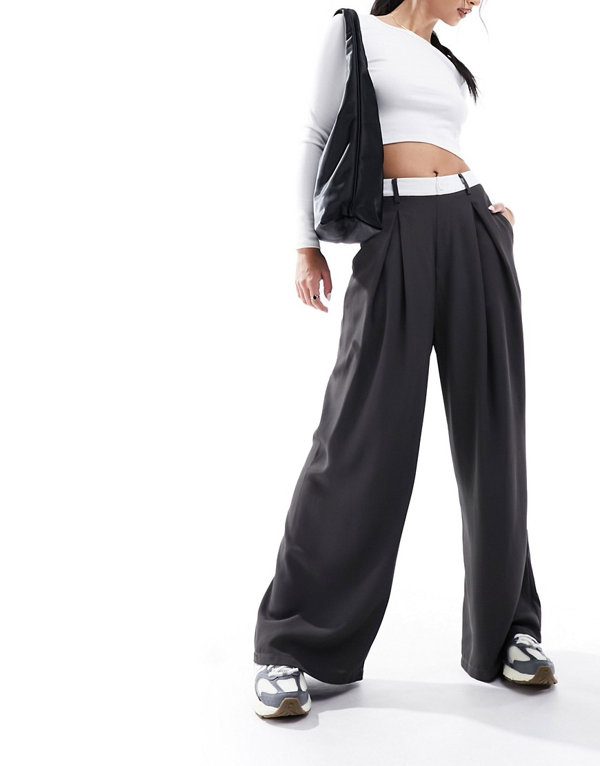 Asos Design Wide Leg Dad Pants With Contrast Waistband In Charcoal-gray