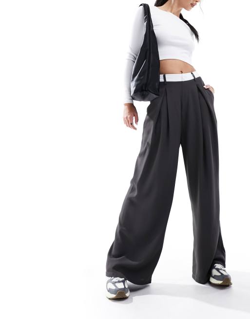 Contrast Waistband Wide Leg Tailored Trousers