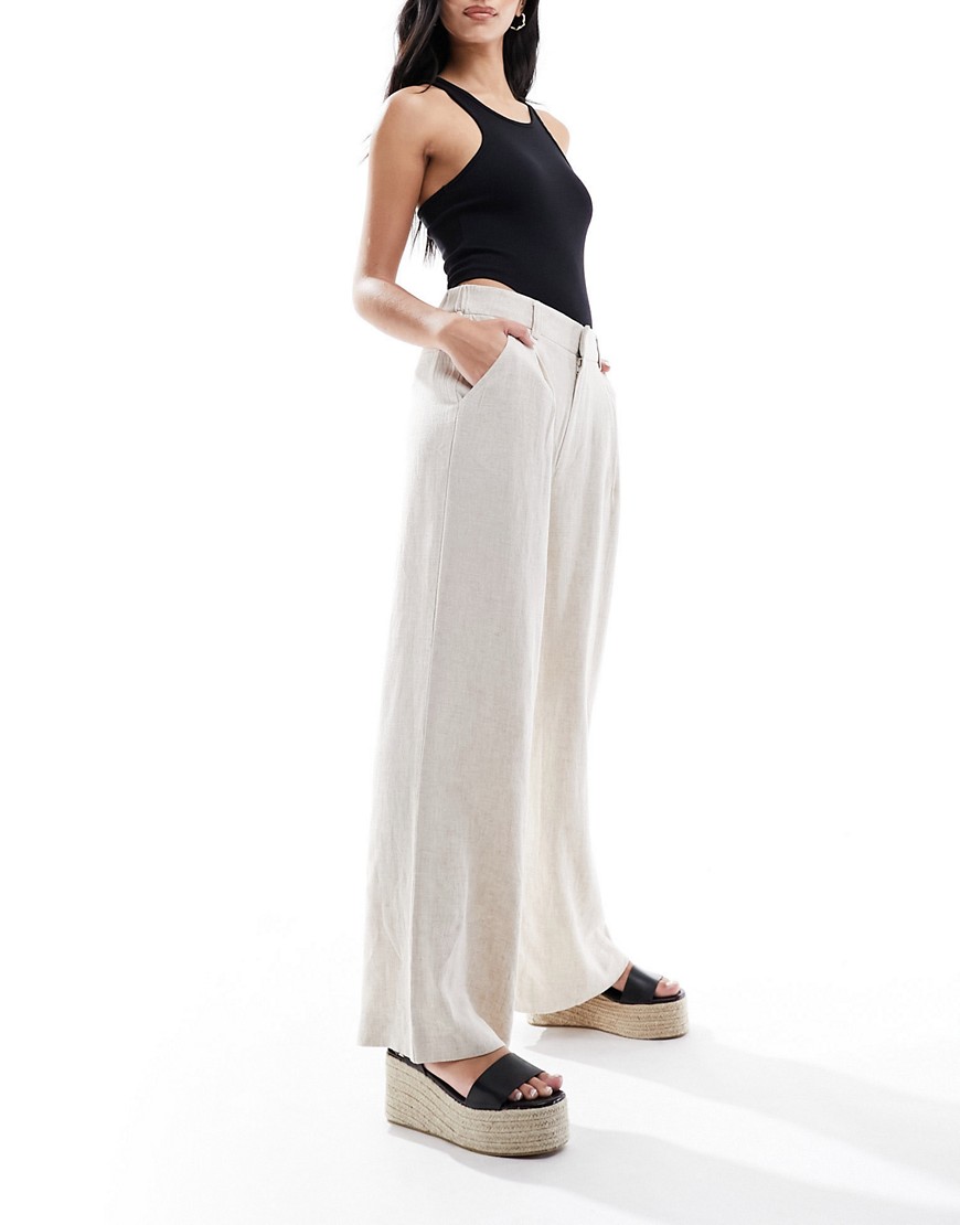 Asos Design Wide Leg Dad Pants With Linen In Natural-neutral