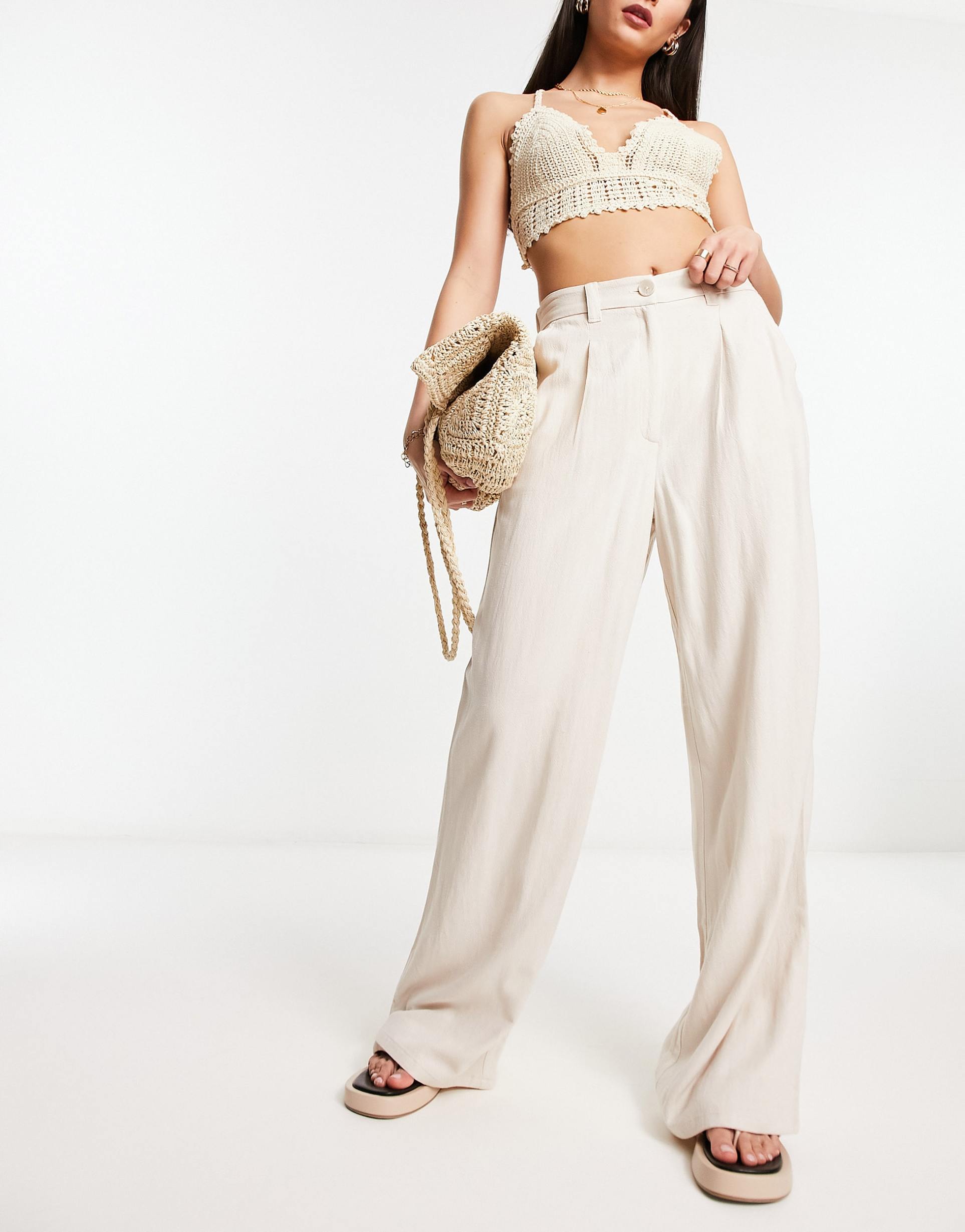 asos design wide leg dad pants with linen in stone