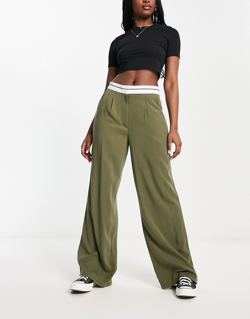 Asos Design Wide Leg Dad Pants With Rolled Waistband In Khaki-green