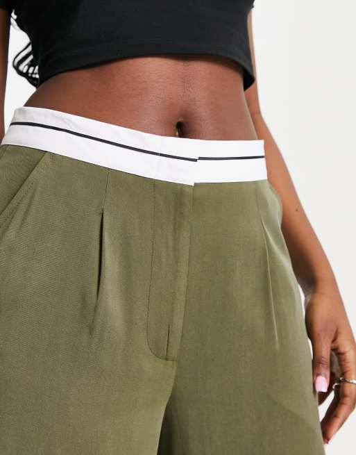 ASOS DESIGN wide leg dad pants with rolled waistband in khaki