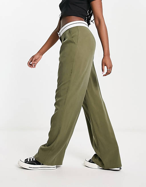ASOS DESIGN wide leg dad pants with rolled waistband in khaki | ASOS