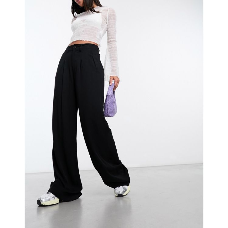 ASOS DESIGN wide leg dad pants with rolled waistband in khaki