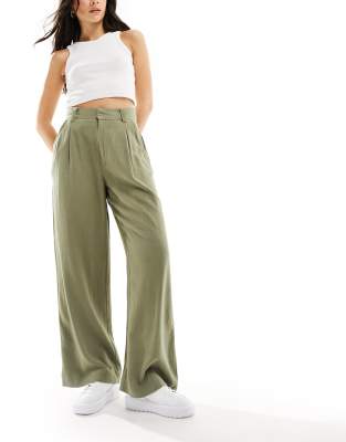 asos ASOS DESIGN wide leg dad trousers with linen in olive