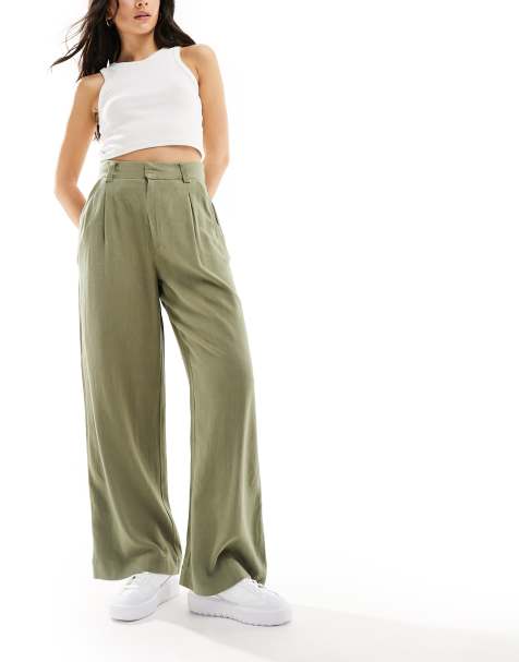 ASOS DESIGN wide leg dad trousers with linen in olive - view 1