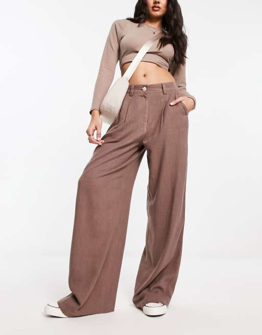 ASOS DESIGN wide leg dad trousers with linen in taupe 