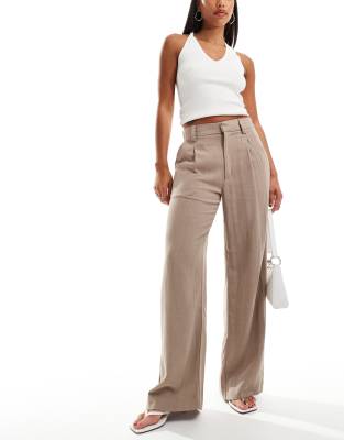 ASOS DESIGN wide leg dad trousers with linen in taupe-Brown